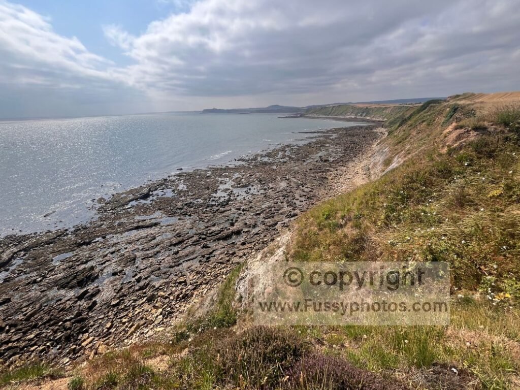 View from the Long Nab viewpoint reached via the short side path, showing the prominent wave‑cut platform at Flat Scar below the cliffs on the Cleveland Way.