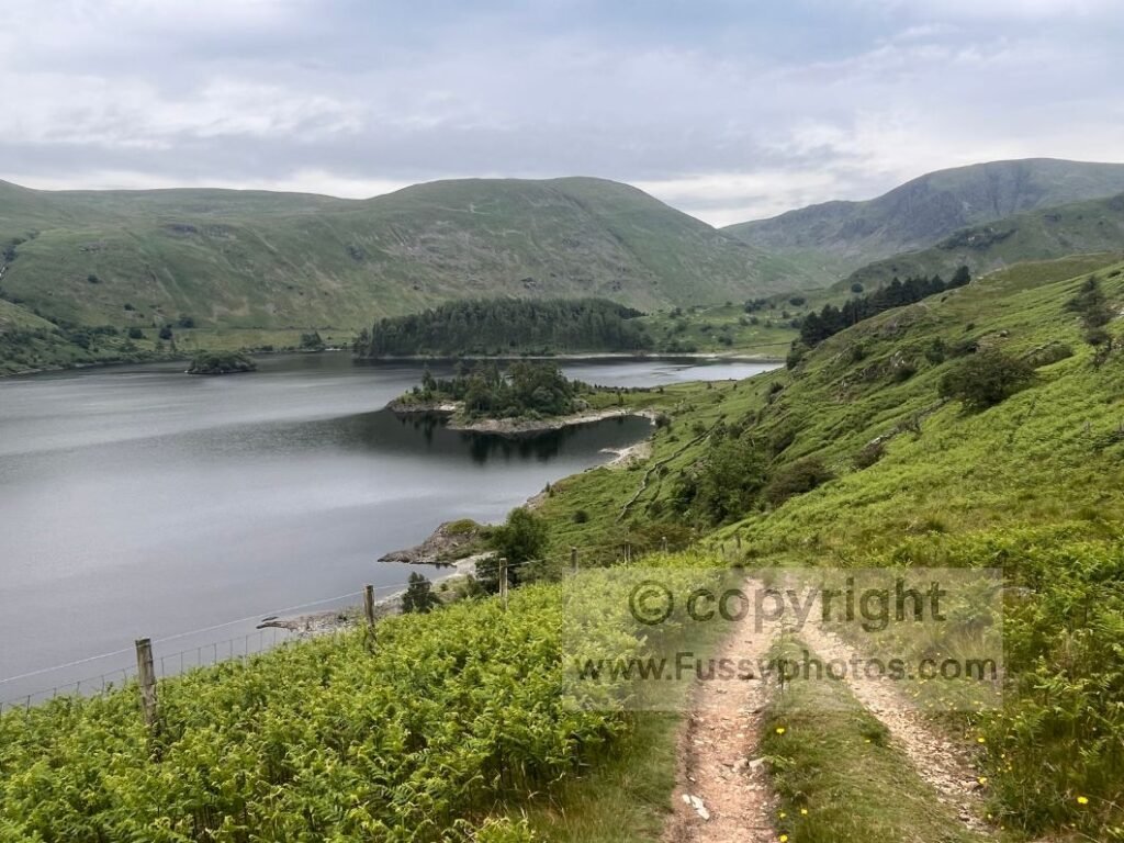Trail descending towards Speaking Crag, a narrow spit of land jutting into Haweswater.