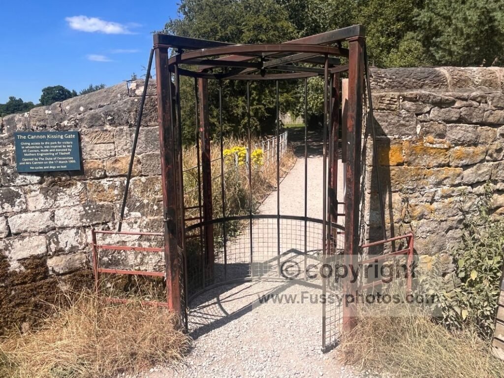 Kissing gate where the Cavendish Hotel trail and Derwent Valley Heritage Way join on the Chatsworth Estate, just north of The Cannon Kissing Gate.
