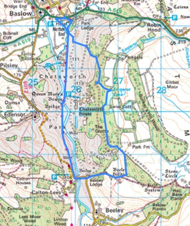 OS map extract showing the blue‑line route around Chatsworth Estate, passing Baslow, The Hunting Tower, Emperor Lake, Paine’s Bridge, and Queen Mary’s Bower near Chatsworth House.