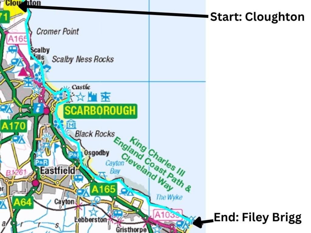 OS map extract showing the Cleveland Way coastal route from Cloughton Wyke to Scarborough and on to Filey Brigg, marking the start at Cloughton and the finish at Filey, with cliffs, bays and key waypoints labelled.