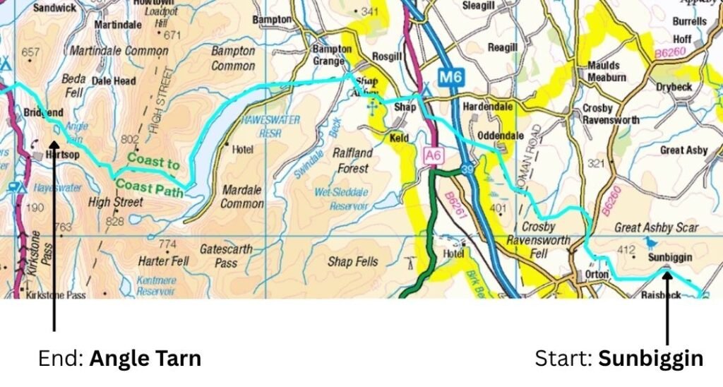 OS map extract showing the blue C2C line from Sunbiggin Farm to Angle Tarn, marking the beginning and end of the stage across farmland, moorland and Lake District foothills.
