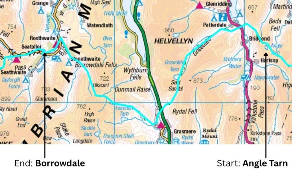 OS map extract showing the reverse west–east Coast to Coast route from Angle Tarn to Rosthwaite, highlighting the major Lake District passes with start and end points marked.