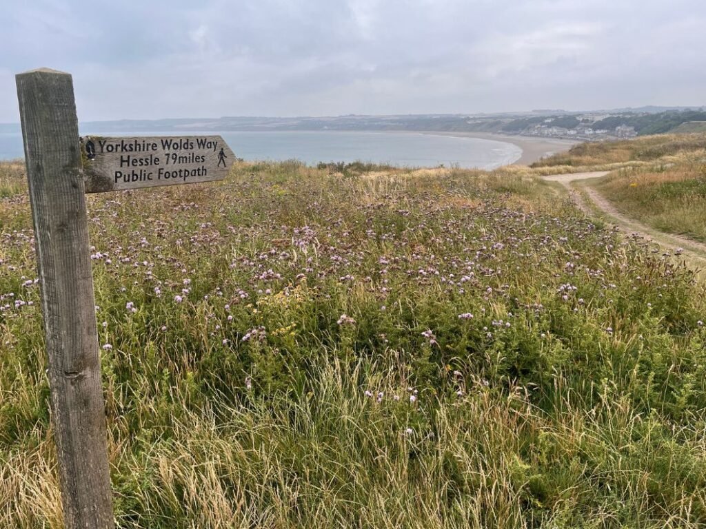 Trail sign at Filey Brigg showing 79 miles back to Hessle, photographed with Filey Bay in the background at the northern end of the Yorkshire Wolds Way.