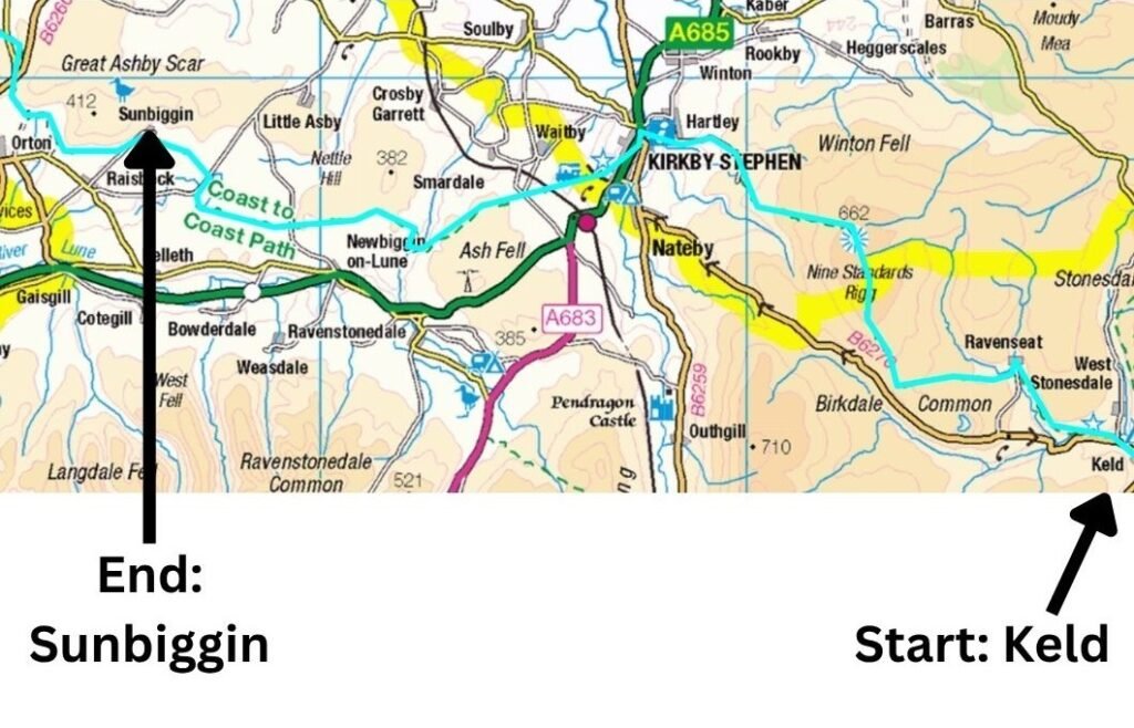 Alt text: labelled route — OS map extract showing the walking route from Keld to Sunbiggin, with both locations labelled and the Coast to Coast line visible across moorland and farmland.