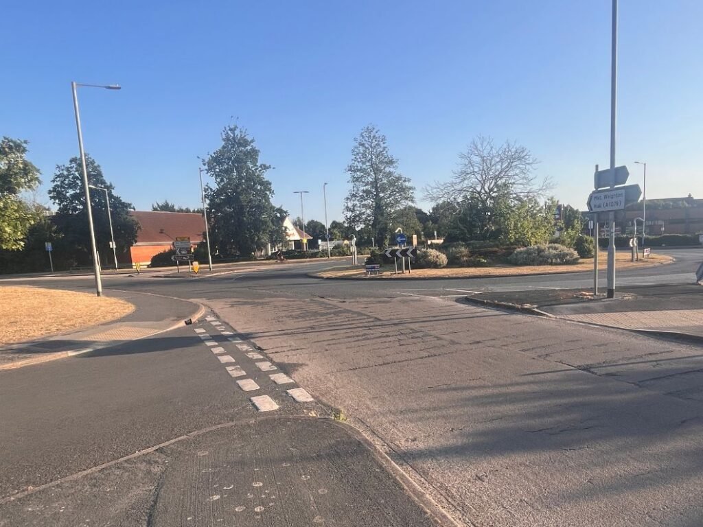 Roundabout next to Pocklington Bus Station, showing the key X46 transport link used by Yorkshire Wolds Way walkers for exit and re‑entry points.