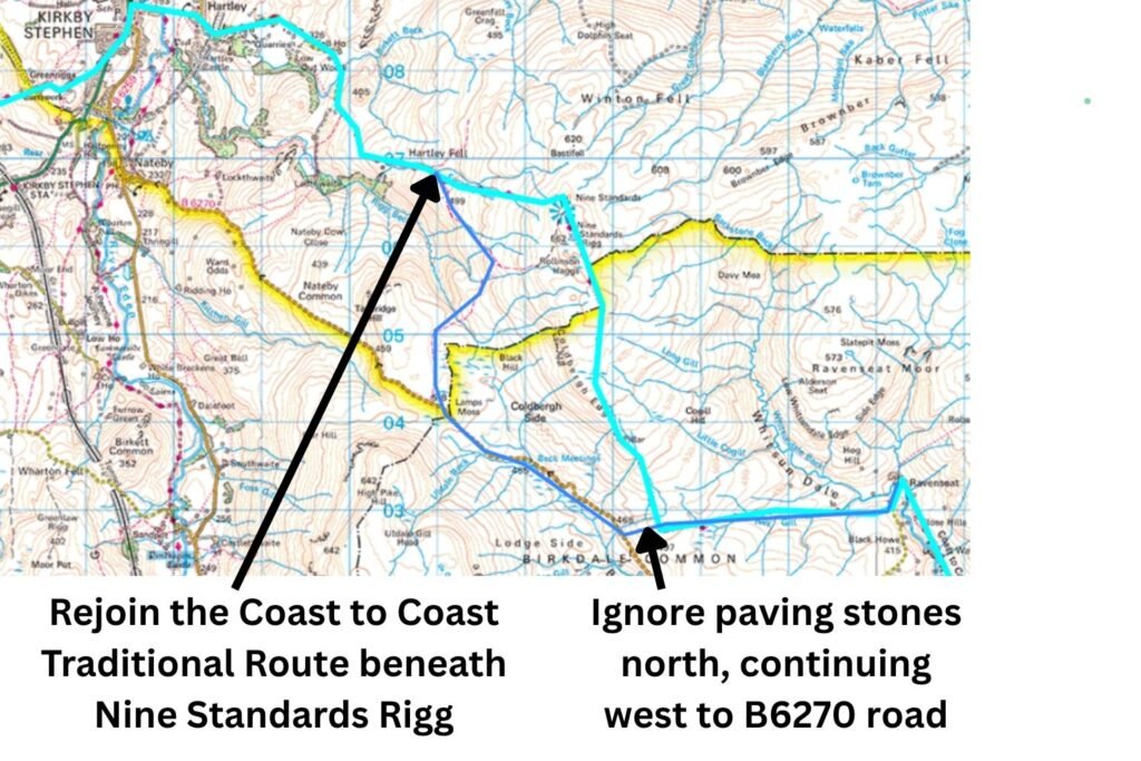 OS map extract marking the light blue Coast to Coast line and the dark blue winter alternative along Rollinson Gill, bypassing Nine Standards Rigg.