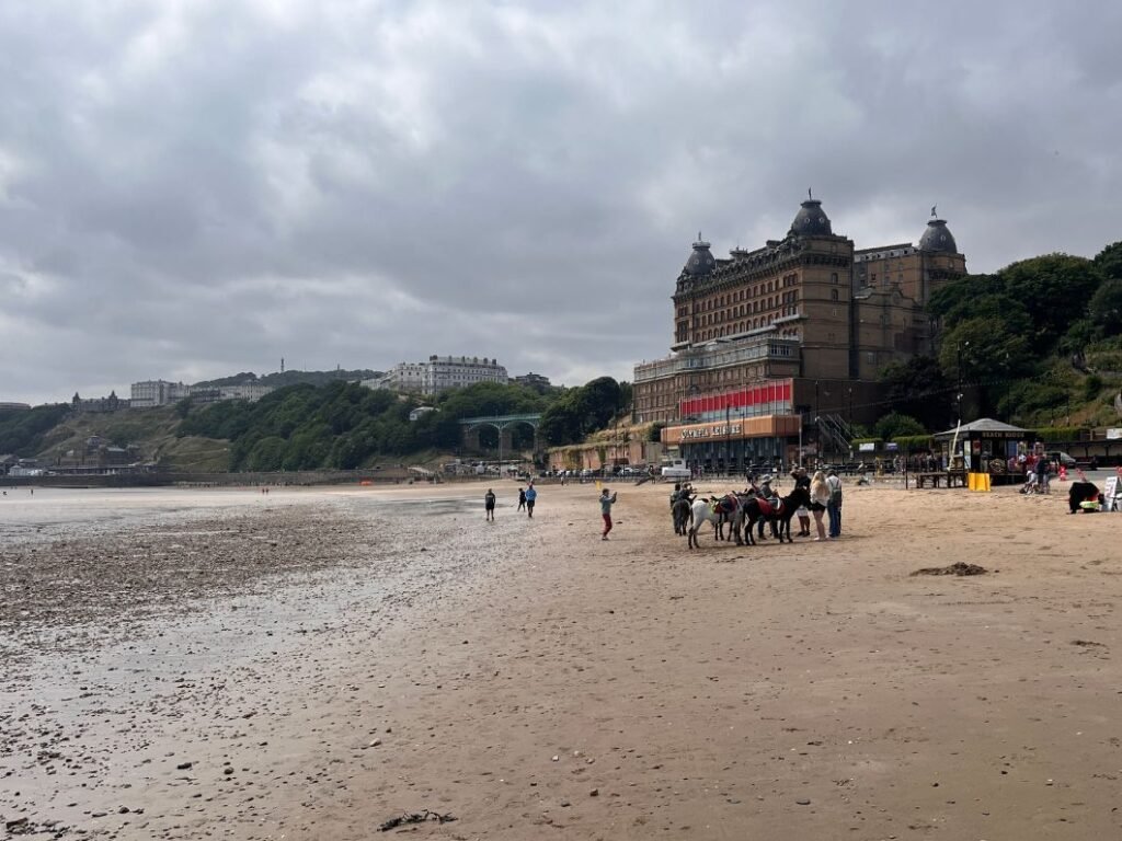 Donkeys on the beach at Scarborough South Bay, photographed with The Grand Hotel rising behind the promenade of cafés, arcades and fairground attractions.