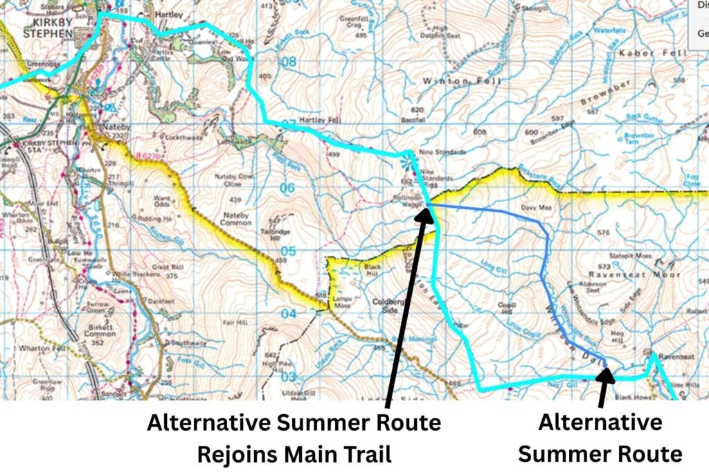 OS map extract showing Route A from Whitsundale Beck to Nine Standards Rigg, with the traditional Coast to Coast marked in light blue and the summer alternative in dark blue.