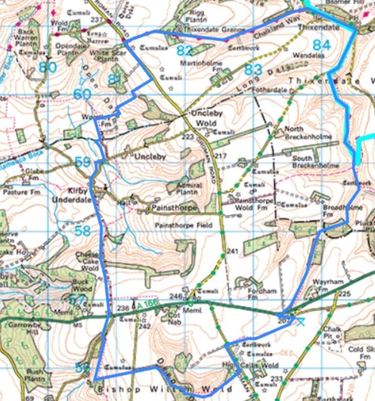 OS map extract of the Thixen Dale Loop, highlighting the light‑blue Yorkshire Wolds Way and the dark‑blue circular route, which overlaps the National Trail along the dry‑valley section.