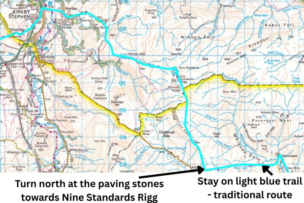 Annotated OS map displaying the light blue Coast to Coast line over Birkdale Common towards Nine Standards Rigg.