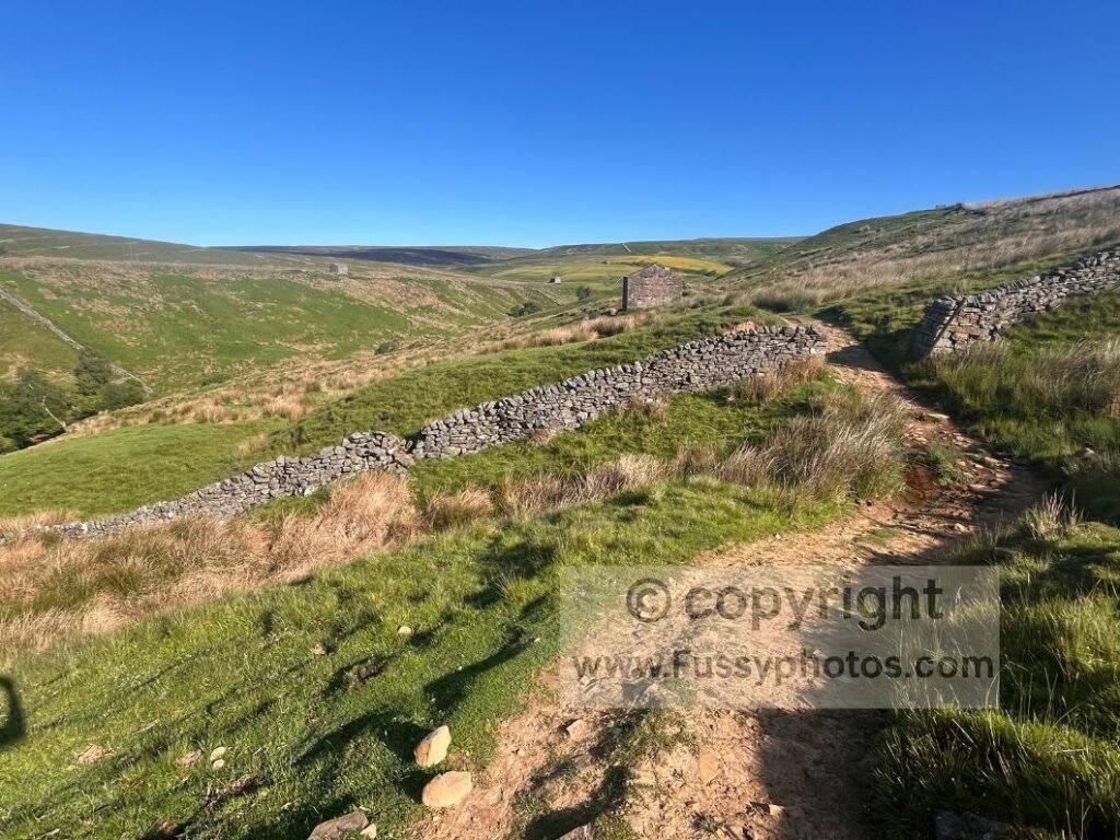 View of drystone walls and derelict farm buildings as the trail climbs from the River Swale towards Whitsun Dale, with early boggy ground and a narrowing valley ahead.