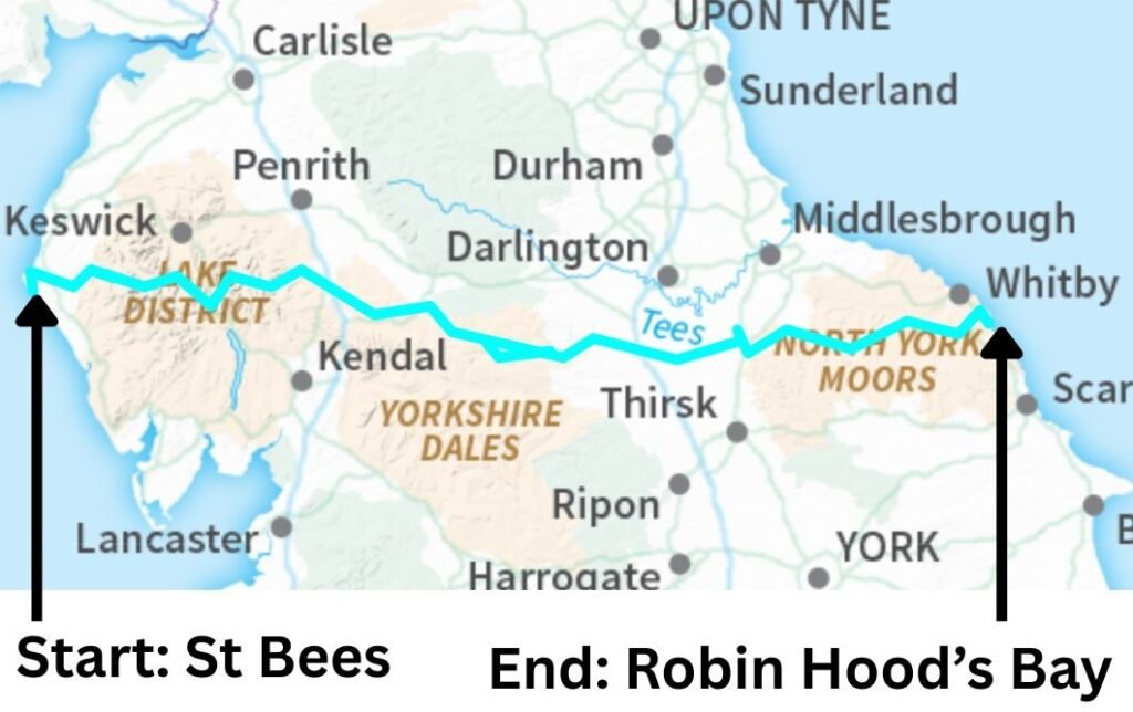 Labelled map of the Coast to Coast from St Bees to Robin Hood’s Bay, with the full trail shown in blue.