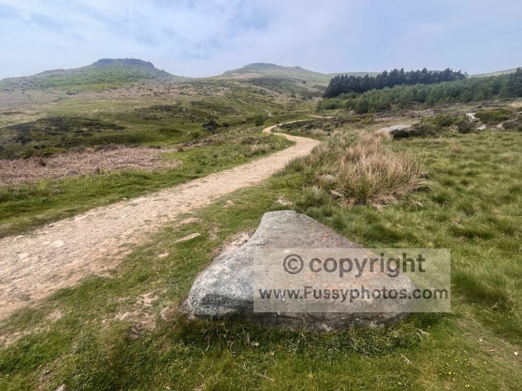 Map marking the west‑facing trail junction between Carl Wark and Higger Tor, showing the split between the left turn to the ancient fort and the right turn towards the gritstone summit.