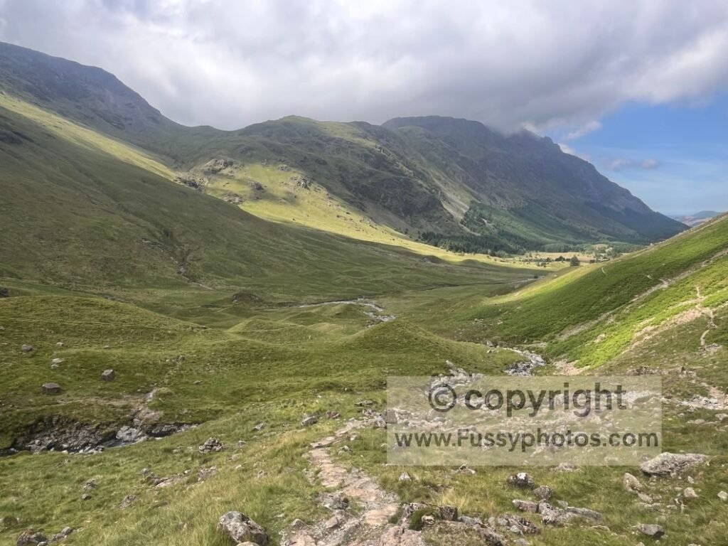 West‑facing view down Ennerdale Valley on the C2C approach to Black Sail Hut.