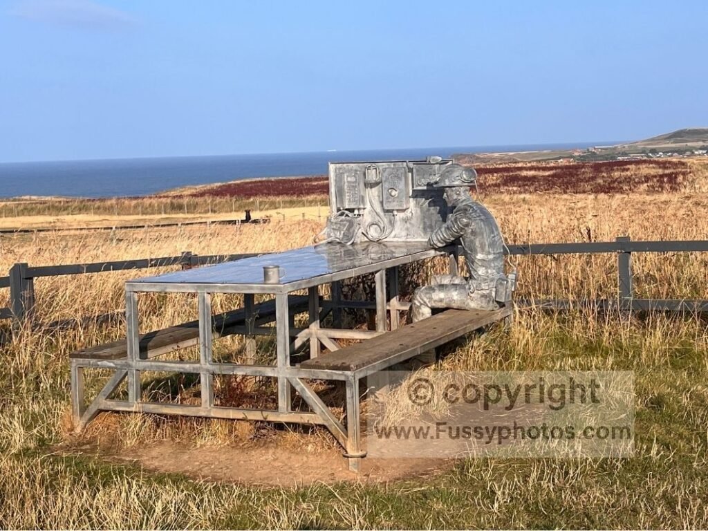 Bench facing east near Boulby Cliff, overlooking the coastline above the mining tunnels that run beneath this section of the Cleveland Way.