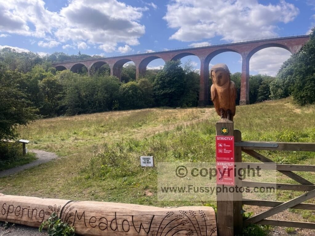 View of the Skelton Railway Viaduct from the entrance to Whispering Meadow on the Cleveland Way, showing the red‑brick arches above Skelton Beck.