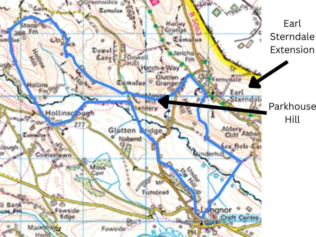 Route map showing a blue Earl Sterndale alternative ending that still returns to Longnor, extending the walk to 7.5 miles.