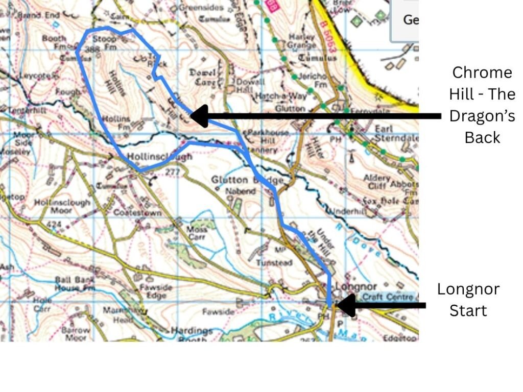 OS map extract of the Chrome Hill route, highlighting the blue‑line loop from Longnor around Hollins Hill, passing Parkhouse Hill and returning via the western approach to the Dragon’s Back ridge.