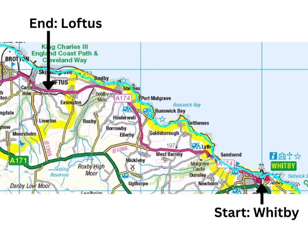 Map showing the Cleveland Way from Whitby to Loftus, with both locations labelled and the blue trail line marked along the coast.