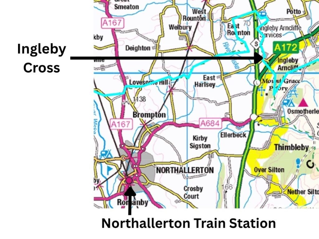 Ingleby Cross transport — Ingleby Cross labelled with 80/89 bus link to Northallerton rail station.

