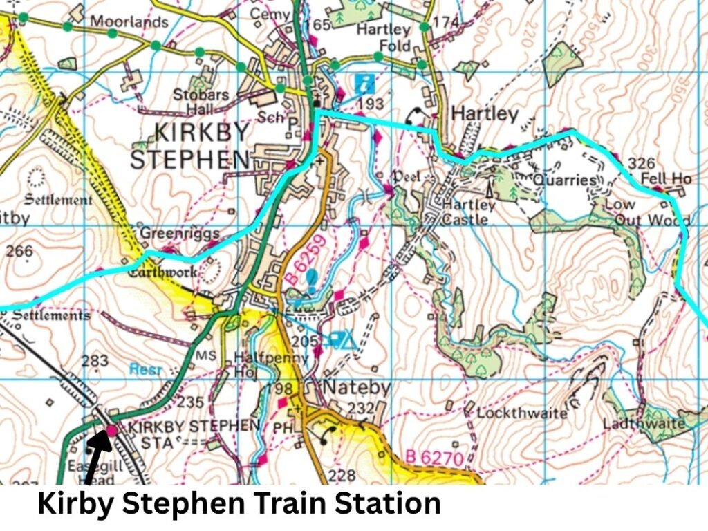 Kirkby Stephen station — Kirkby Stephen Train Station labelled 1.3 miles south of town.

