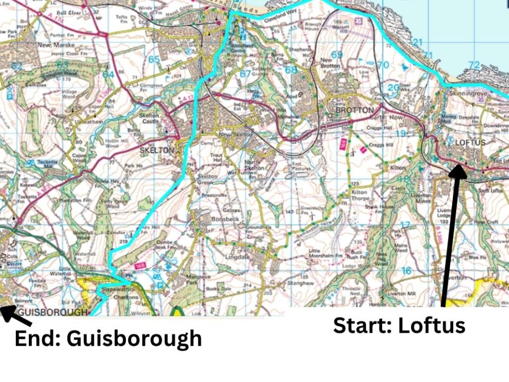 Map extract showing the Cleveland Way route from Loftus to Saltburn‑by‑the‑Sea and inland to Guisborough, with a blue line marking the trail and labelled start and end points.