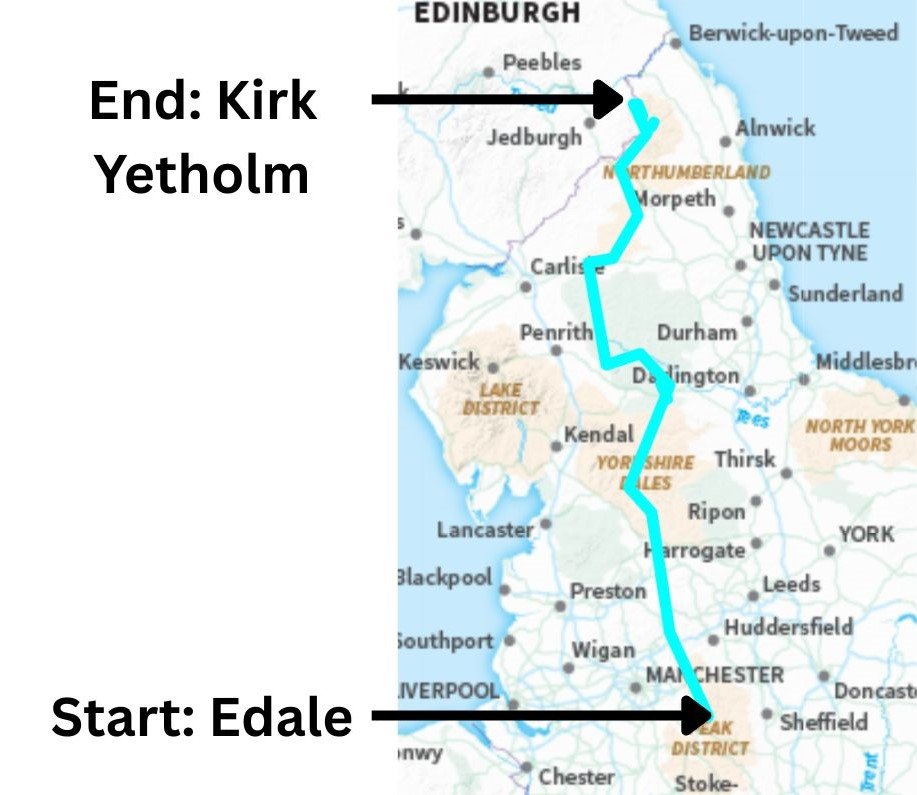 Labelled map of the Pennine Way from Edale to Kirk Yetholm, with the full trail shown in blue.