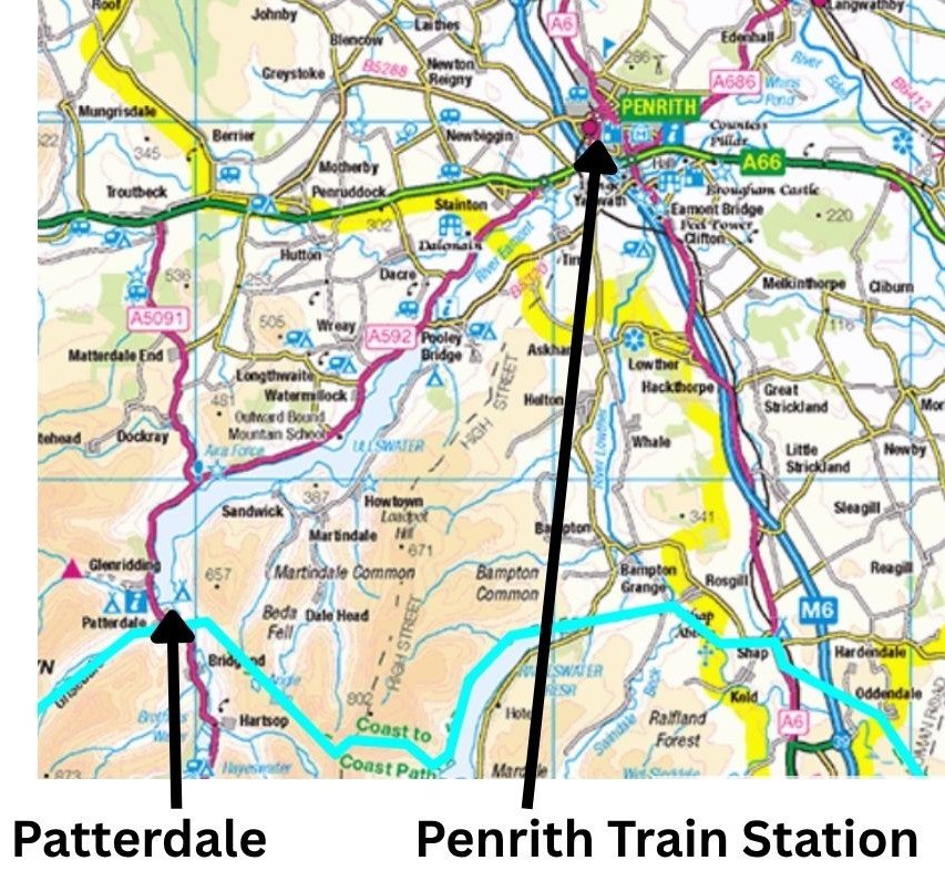 Patterdale transport hub — Patterdale labelled with direct 508 bus link to Penrith rail station.

