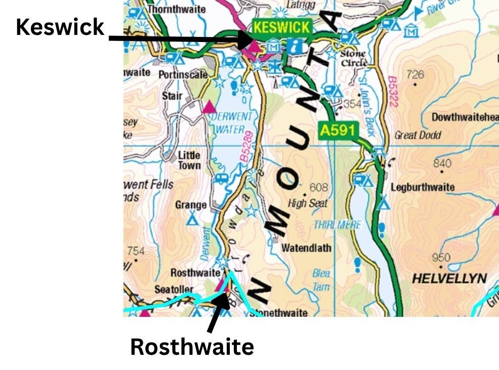 Rosthwaite Stagecoach link — Rosthwaite (labelled) has no train station but is served by the Seatoller–Rosthwaite–Keswick Stagecoach No. 78, the key valley bus link through Borrowdale.

