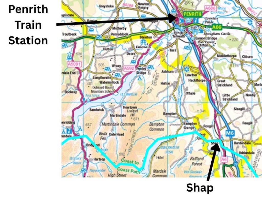 Shap transport hub — Shap labelled with direct 106 bus link to Penrith rail station.

