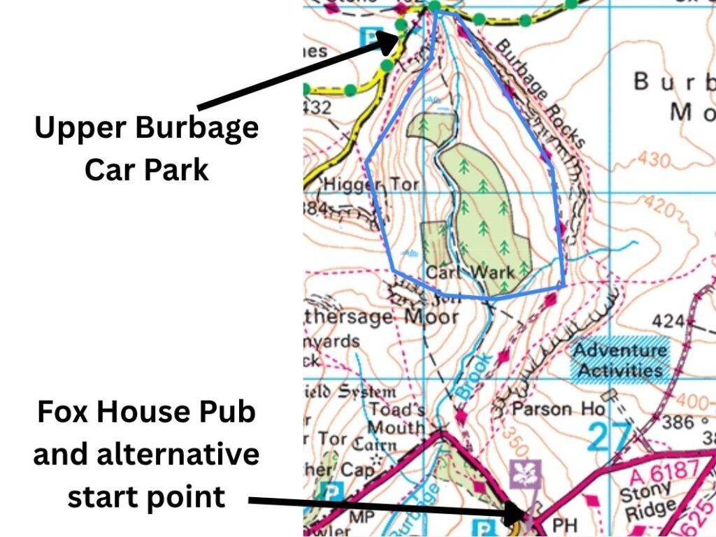 Map of the Upper Burbage and Burbage Rocks short loop with the 2.5‑mile route shown in blue.