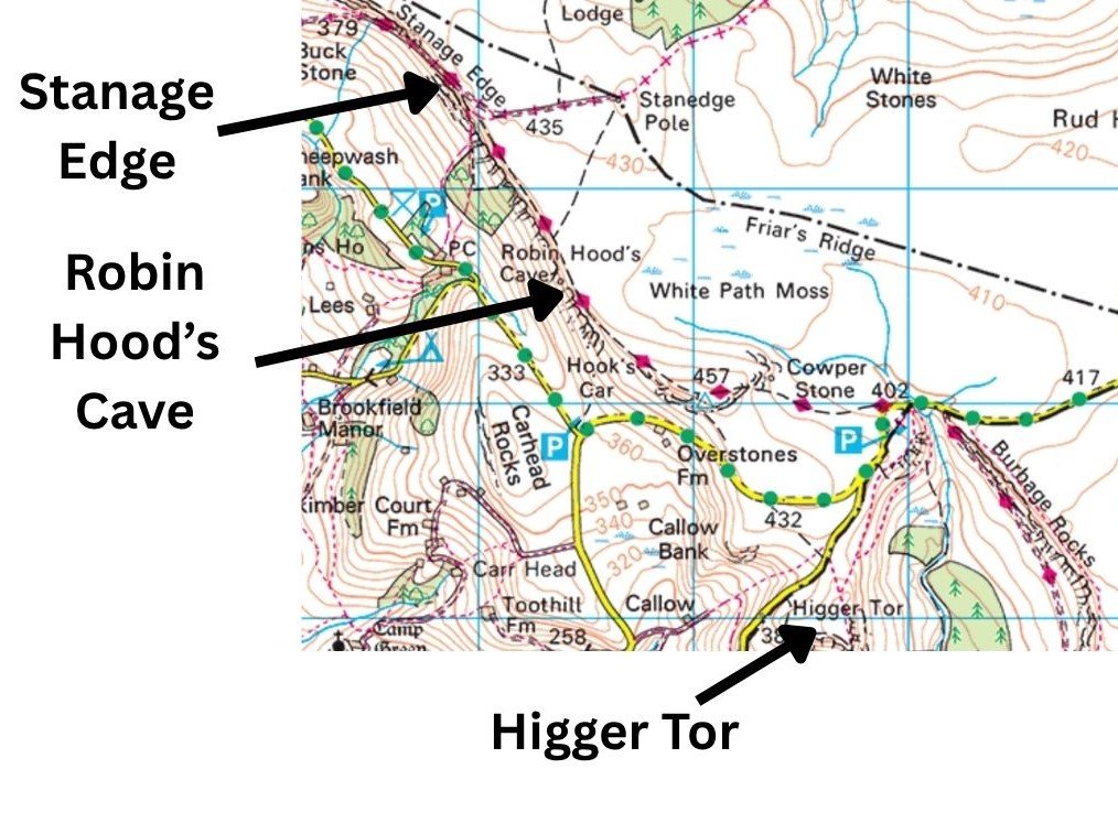 Map of the Upper Burbage loop with Higger Tor, Robin Hood’s Cave and Stanage Edge labelled for wider route context.