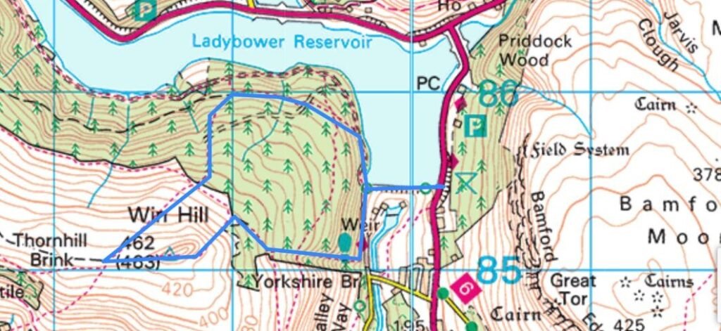 OS map extract of the Win Hill 3.5‑mile circular route, highlighted in blue around Ladybower Reservoir and the Win Hill summit.